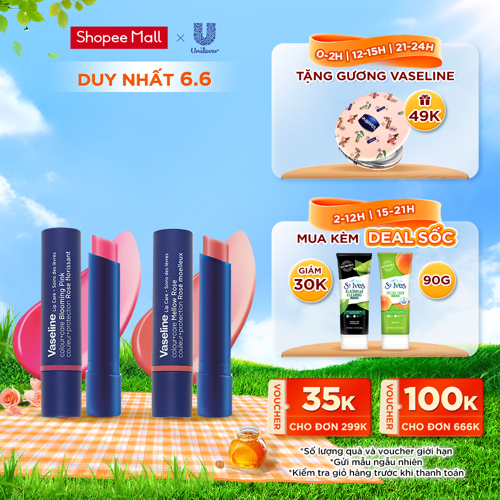 Combo 2 Son dưỡng môi Vaseline Colour+Care Blooming Pink & Mellow Rose 3g