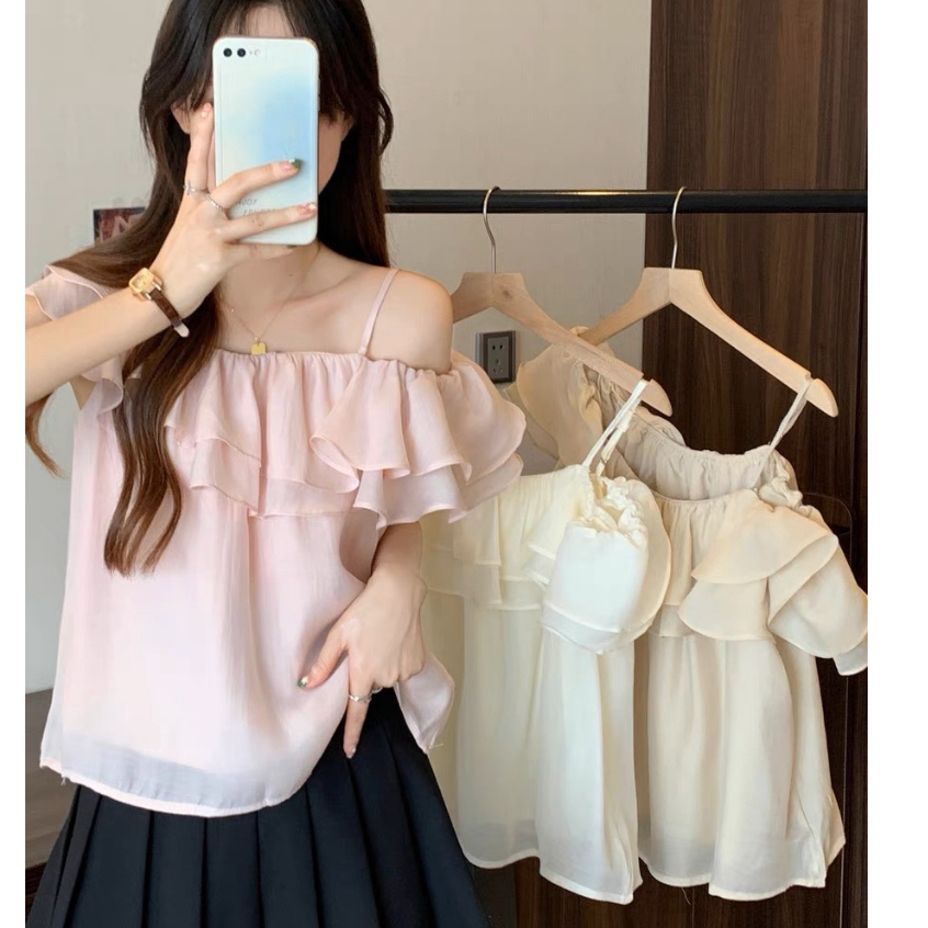 Áo kiểu trễ vai tay bồng tiểu thư ngực nhún bèo 2 tầng điệu đà ulzzang chất voan tơ deliz ChouChou