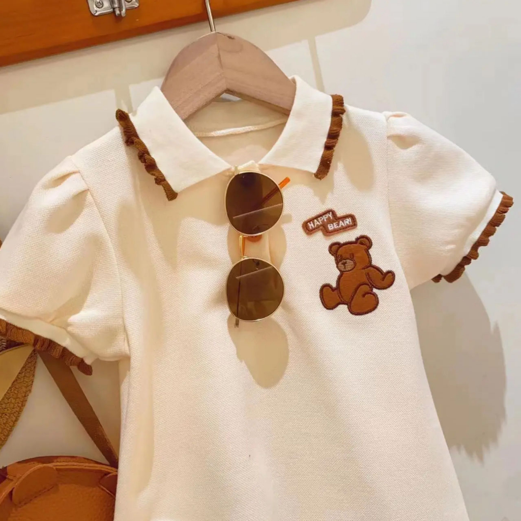 Váy polo cho bé gái thêu gấu mặc đi học đi chơi. Đầm bé gái kết hợp áo thun với chân váy phong cách Hàn Quốc - BKKIDS