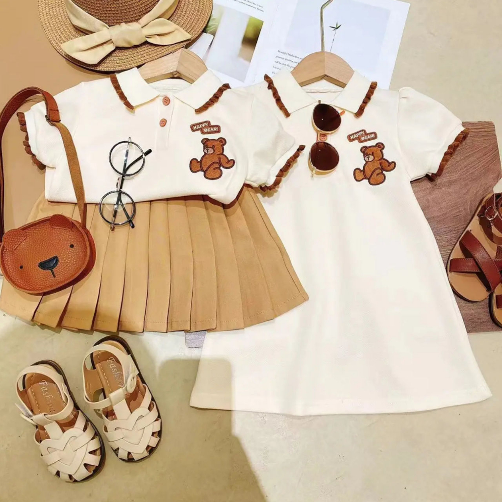 Váy polo cho bé gái thêu gấu mặc đi học đi chơi. Đầm bé gái kết hợp áo thun với chân váy phong cách Hàn Quốc - BKKIDS