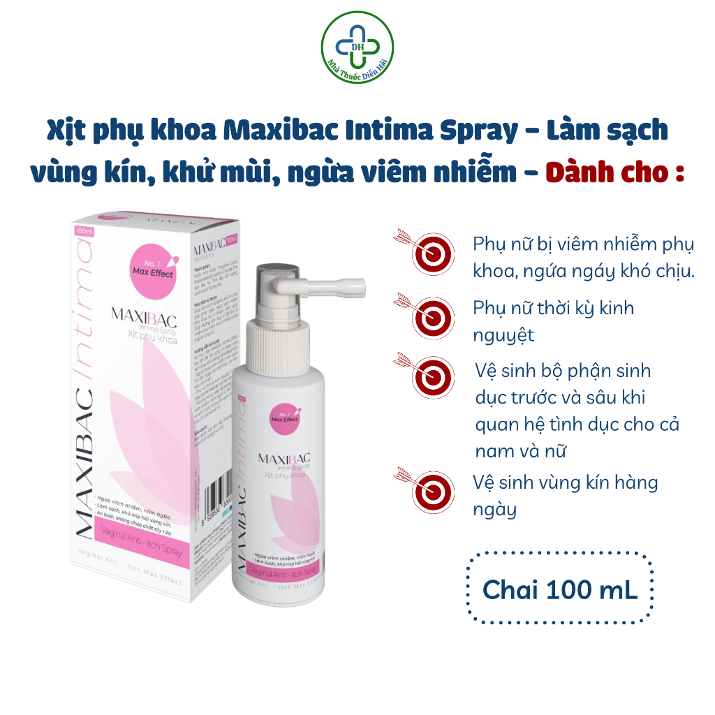 Vjêm, Khí hư, Huyết trắng, Nấm ngứa, Khử mùi hôi, Vjêm Lô Tuyên - Xịt phụ khoa MAXIBAC INTIMA SPRAY 