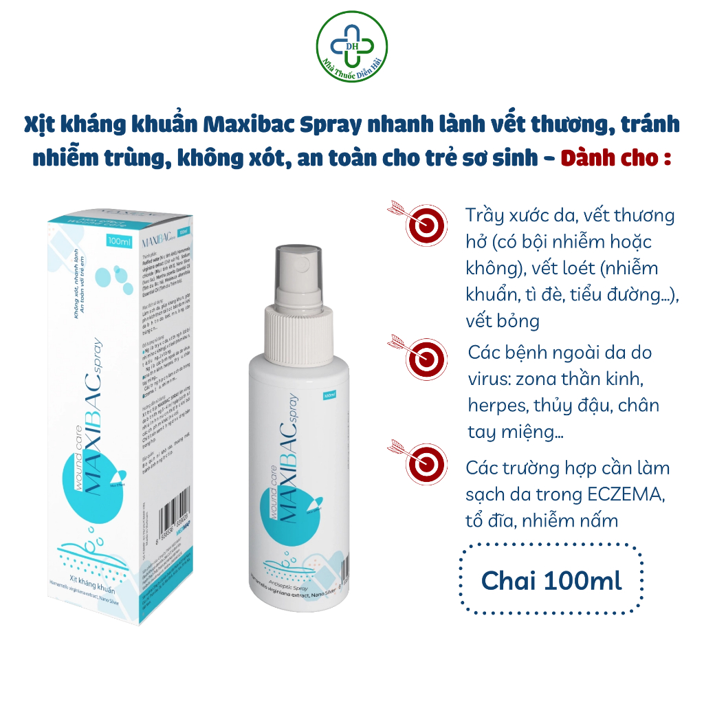 Dung dịch xịt khuẩn MAXIBAC SPRAY 100ML không xót, nhanh lành da do bỏng, vết loét, zona, thủy đậu, 
