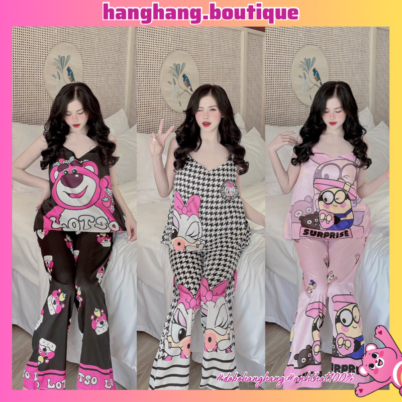 Bộ đồ ngủ 2 dây dễ thương quần dài LỤA XƯỚC thiết kế, set đồ bộ nữ mặc nhà giá rẻ, đồ ngủ nữ gấu dâu cute hot trend mới