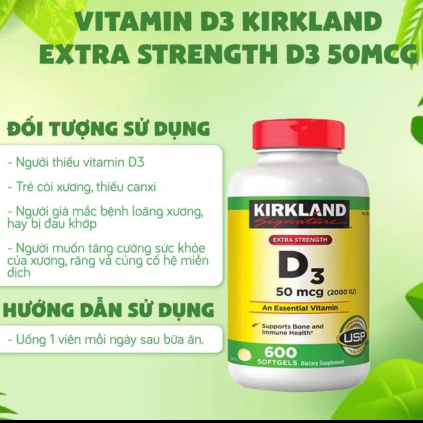 Kirkland Signature Vitamin D3 2000IU 600 viên - Tăng hấp thụ Canxi Mỹ