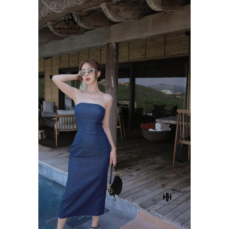 Đầm jean denim nữ cúp ngực form ôm body dáng dài maxi quyến rũ màu xanh, đen