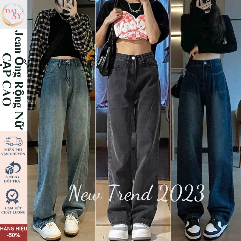Quần jean nữ ống suông rộng Cạp Cao DAISY ,quần bò jeans nữ màu đen rêu ống rộng phong cách RETRO Ulzzang 2023