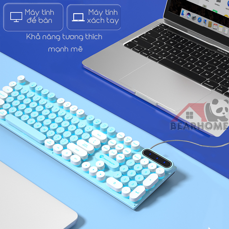 Bàn phím máy tính gaming BEARHOME giả cơ 108 phím tròn, có đèn led RGB, chơi game, văn phòng