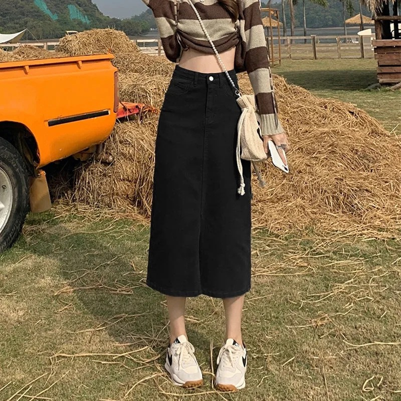 Chân Váy Jean Winshop1997 Chân Váy  Dài Qua Gối Xẻ Trước Thời Trang Phong Cách Hàn Quốc XT1