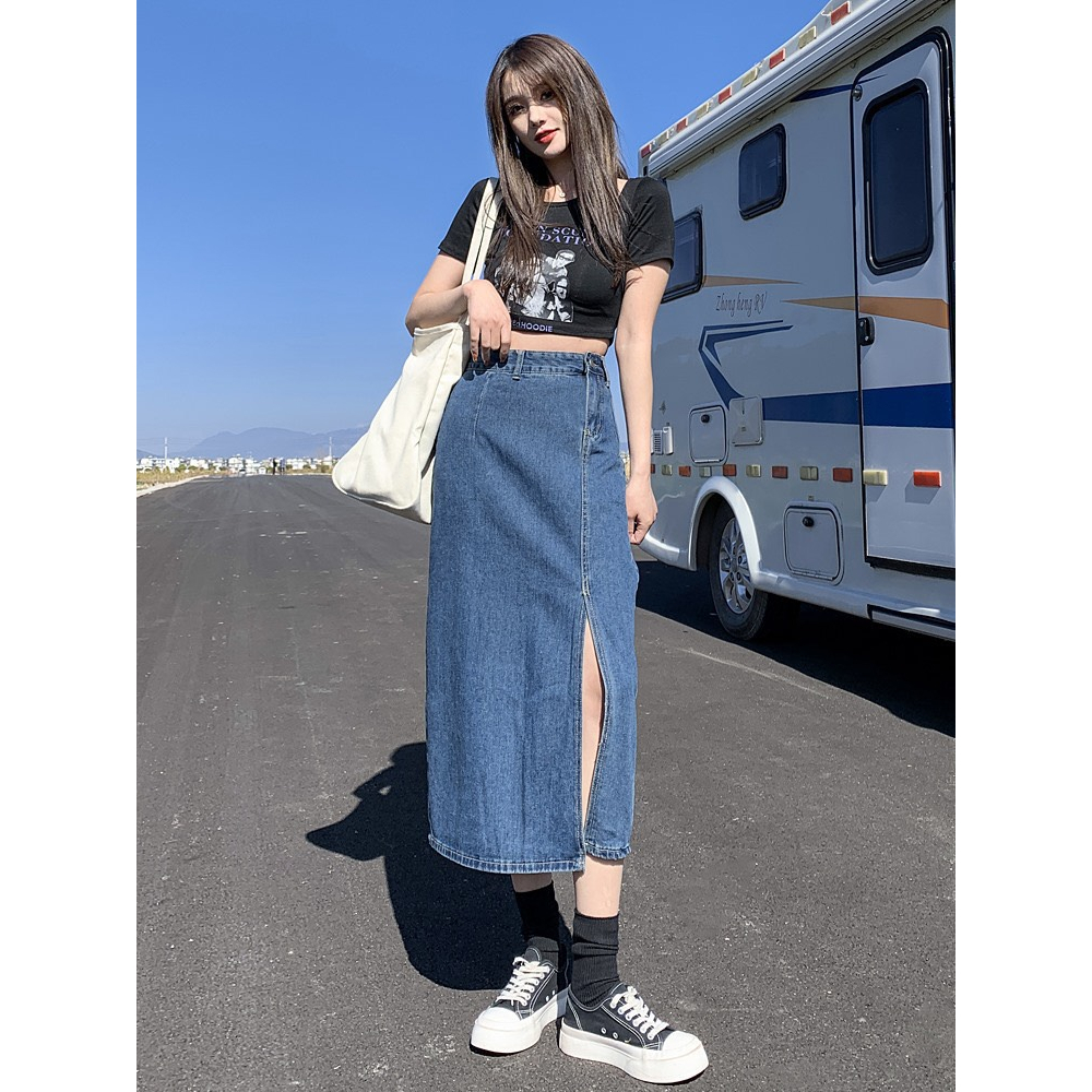 Chân Váy Dáng Dài Lưng Cao Xẻ Tà Lệch Chữ A Phong Cách Ulzzang The Jelly V2