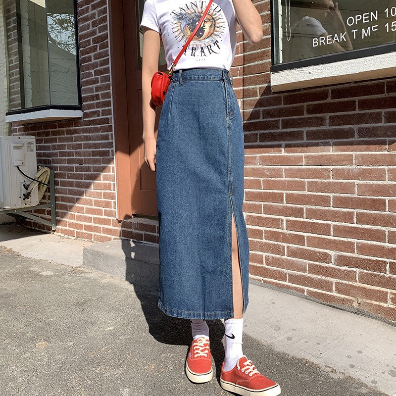 Chân Váy Dáng Dài Lưng Cao Xẻ Tà Lệch Chữ A Phong Cách Ulzzang The Jelly V2