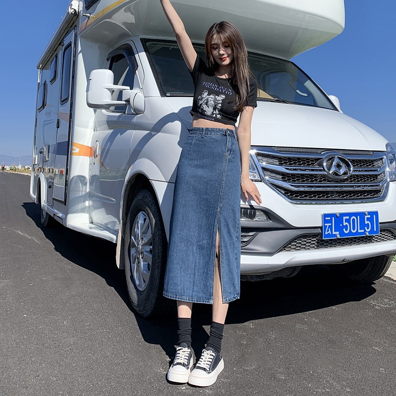 Chân Váy Dáng Dài Lưng Cao Xẻ Tà Lệch Chữ A Phong Cách Ulzzang The Jelly V2