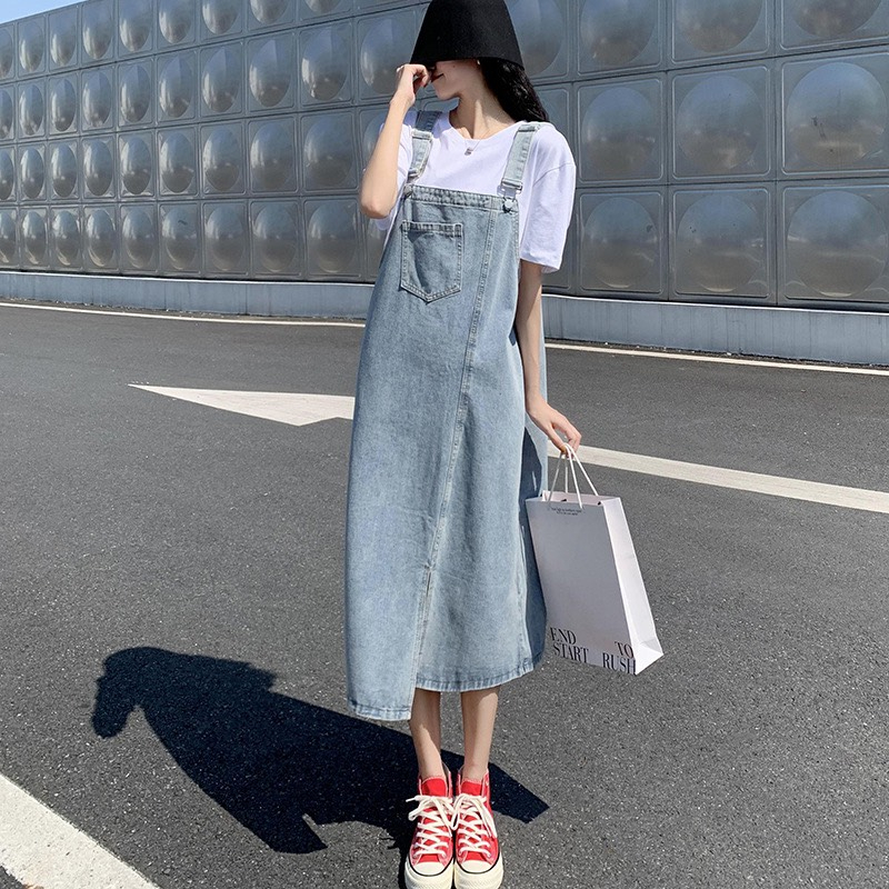 Yếm Váy Bò Winshop1997, Yếm Váy Jean Nữ Dài Qua Gối, Yếm Bò Dài Xẻ Lệch Trước Y2