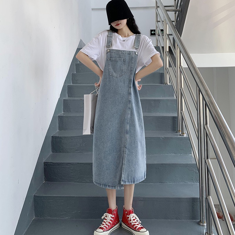 Yếm Váy Bò Winshop1997, Yếm Váy Jean Nữ Dài Qua Gối, Yếm Bò Dài Xẻ Lệch Trước Y2