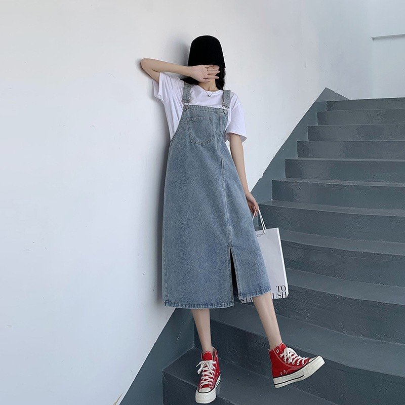 Yếm Váy Bò Winshop1997, Yếm Váy Jean Nữ Dài Qua Gối, Yếm Bò Dài Xẻ Lệch Trước Y2
