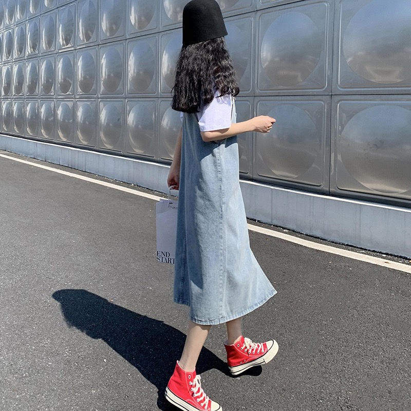 Yếm Váy Bò Winshop1997, Yếm Váy Jean Nữ Dài Qua Gối, Yếm Bò Dài Xẻ Lệch Trước Y2