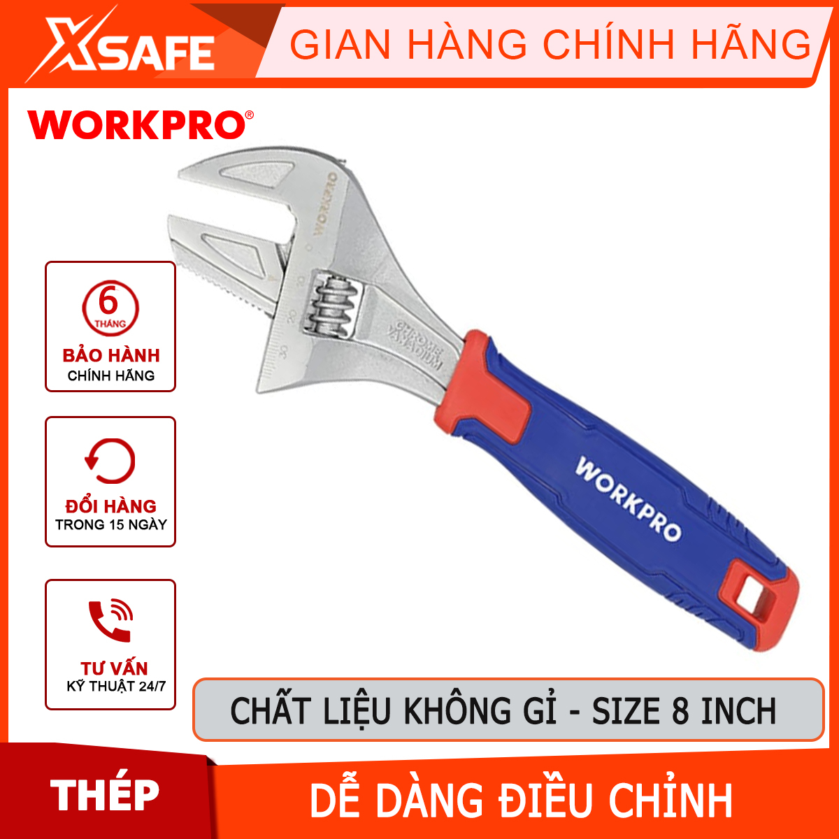 Mỏ lết (Cờ lê điều chỉnh được) Workpro - WP272014 kích thước 8 inch 200mm Chính hãng