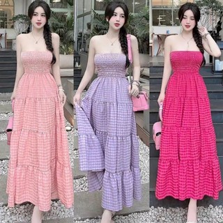 Đầm caro ống nhún thun tùng xòe dài