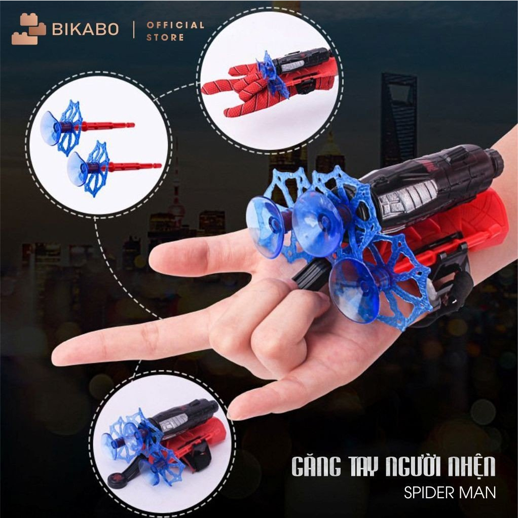 Đồ chơi cho bé gang tay spider man kèm máy bắn tơ, đồ chơi trí tuệ người nhện vận động ngoài trời, BIKABO