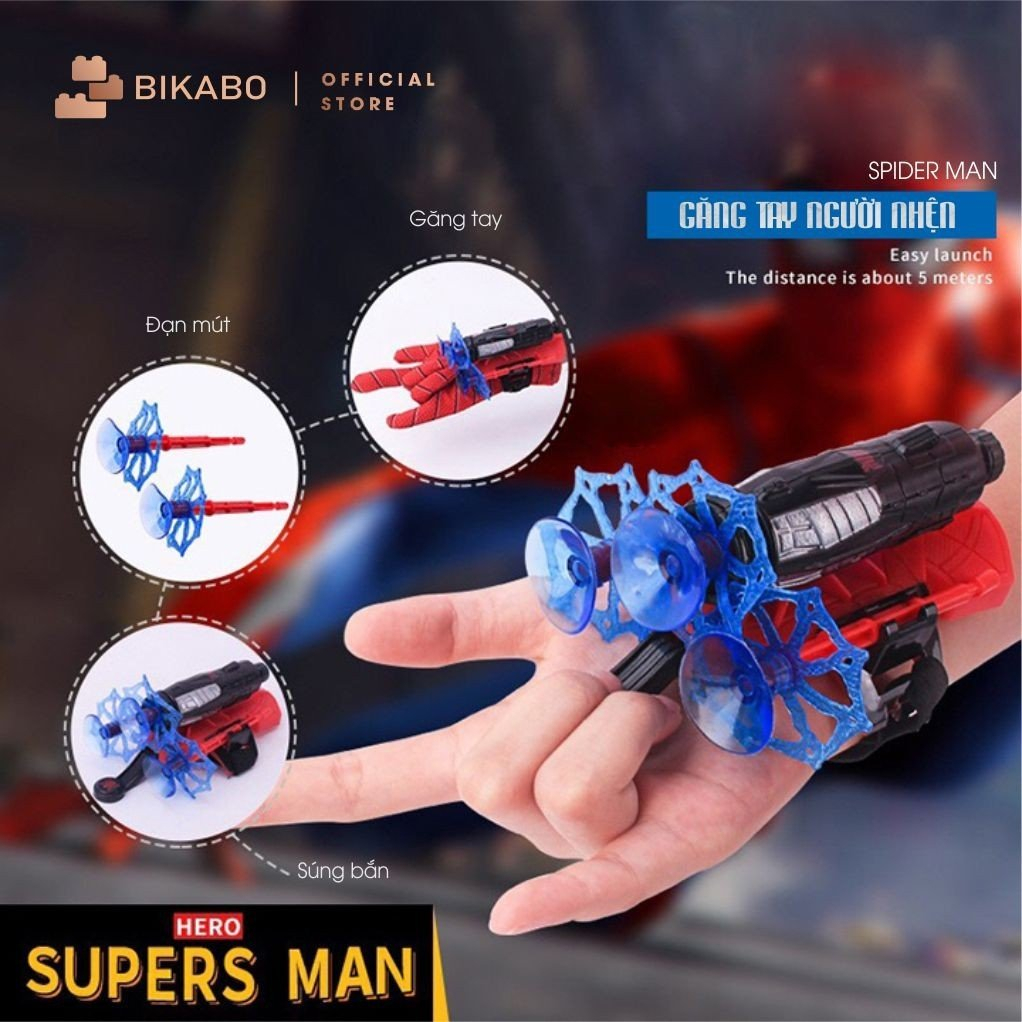 Đồ chơi cho bé gang tay spider man kèm máy bắn tơ, đồ chơi trí tuệ người nhện vận động ngoài trời, BIKABO