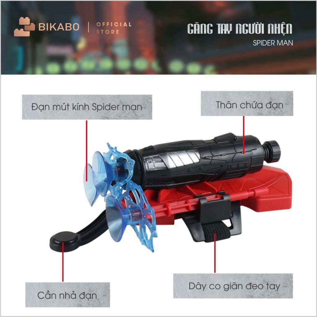 Đồ chơi cho bé gang tay spider man kèm máy bắn tơ, đồ chơi trí tuệ người nhện vận động ngoài trời, BIKABO