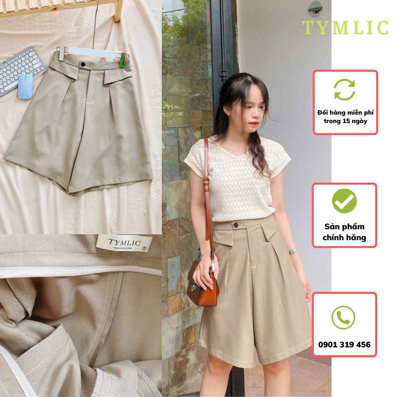 Quần Short Gối Dáng A Vải Tây Màu Be Đậm TYMLIC
