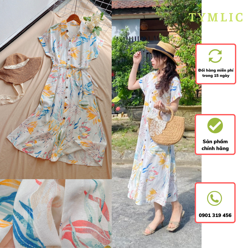 Đầm Sơ Mi Suông Linen Kèm Đai Màu Họa Tiết Hoa Lá TYMLIC