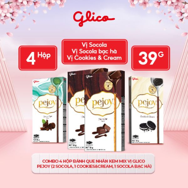 Combo 4 hộp Bánh que nhân kem mix vị GLICO Pejoy (2 Chocolate 1 Cookies & Cream 1 Choco Mint)