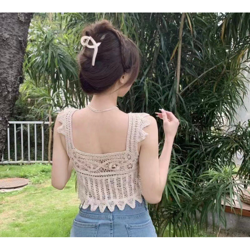 Áo 2 dây cánh tiên, áo croptop sợi móc phối cườm, áo đi biển siêu đẹp