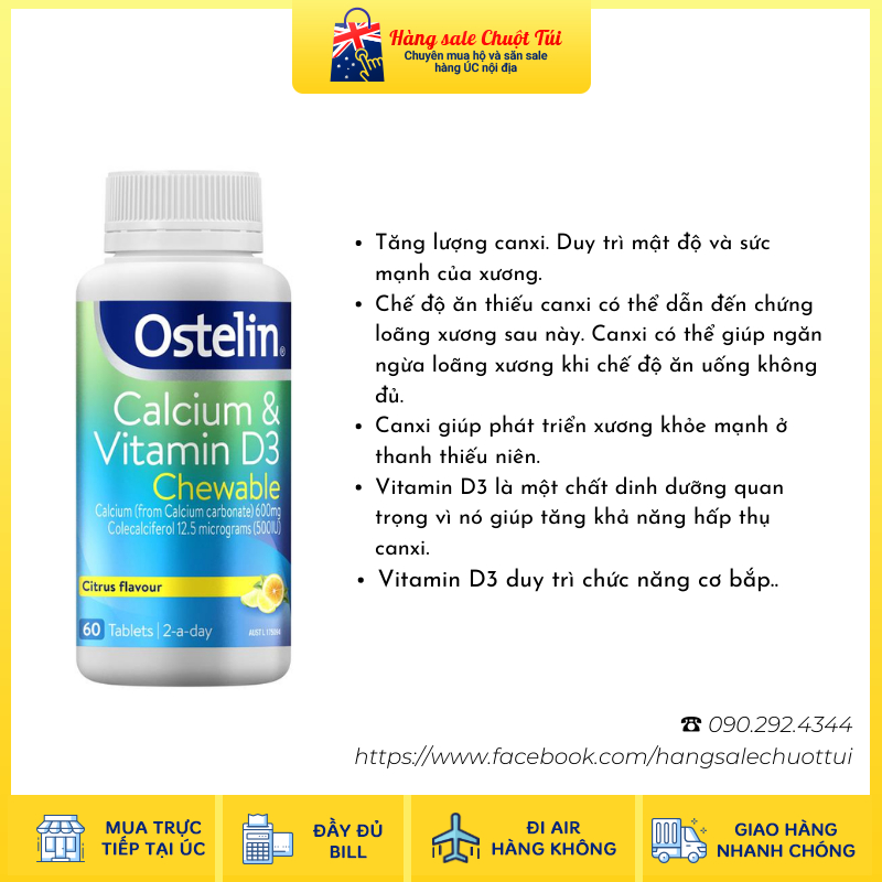 Viên nhai bổ sung Canxi và vitamin D3 vị cam chanh 60 viên - Hàng Úc nội địa