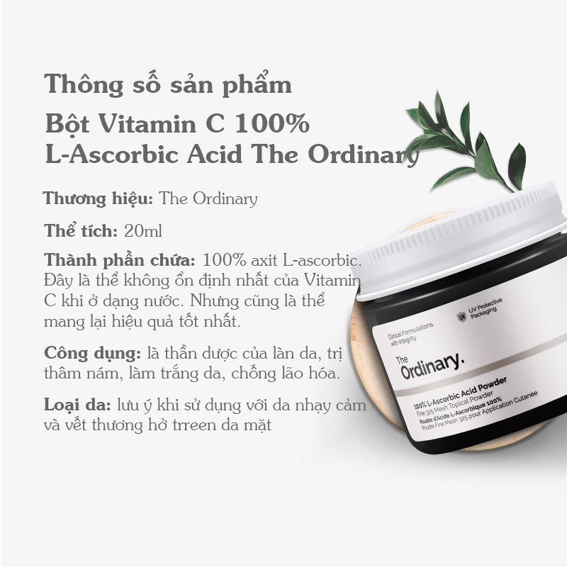 Bột Vitamin C sáng da mờ thâm The Ordinary 100% L-Ascorbic Acid Powder 20gr / Subeo Beauty