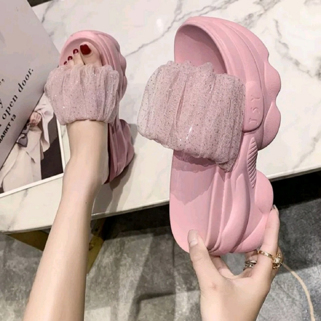 Dép nữ đế gồ quai nhún bèo