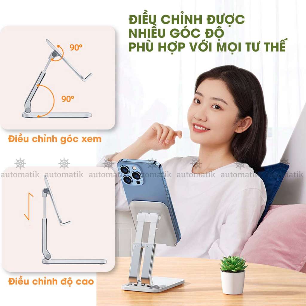 Giá Đỡ Điện Thoại Máy Tính Bảng Ipad Gấp Gọn Điều Chỉnh Chiều Cao Trục Kép Livestream Xem Phim - Automatik