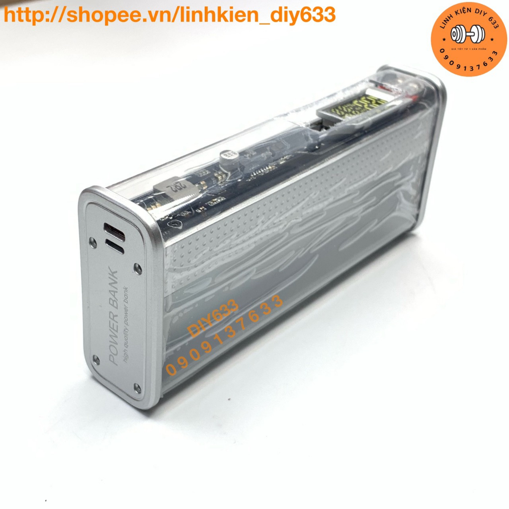 Box sạc DP 22.5W trong suốt 4 cell 21700, mạch sạc nhanh QC 3.0