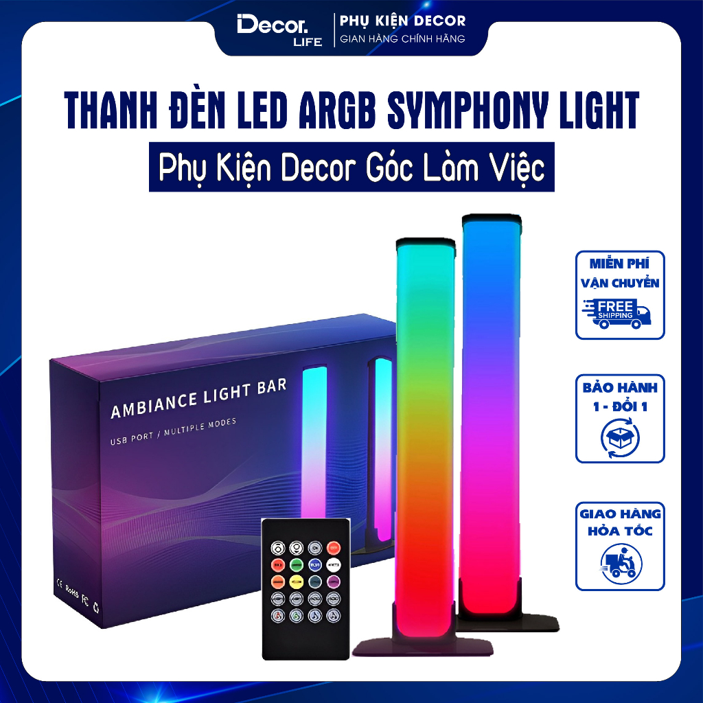 Thanh Đèn LED ARGB Symphony Light Chuyển Động Bầu Không Khí, Đèn Để Bàn Decor Góc Gaming PC Tivi Điều Khiển Remote