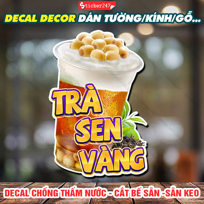 Tranh Dán Tường Trà Sen Vàng Bắt Mắt 🌈 Hình Dán Decor Trang Trí Quán Trà Sữa, Quán Nước - Decal Trà Sen Vàng