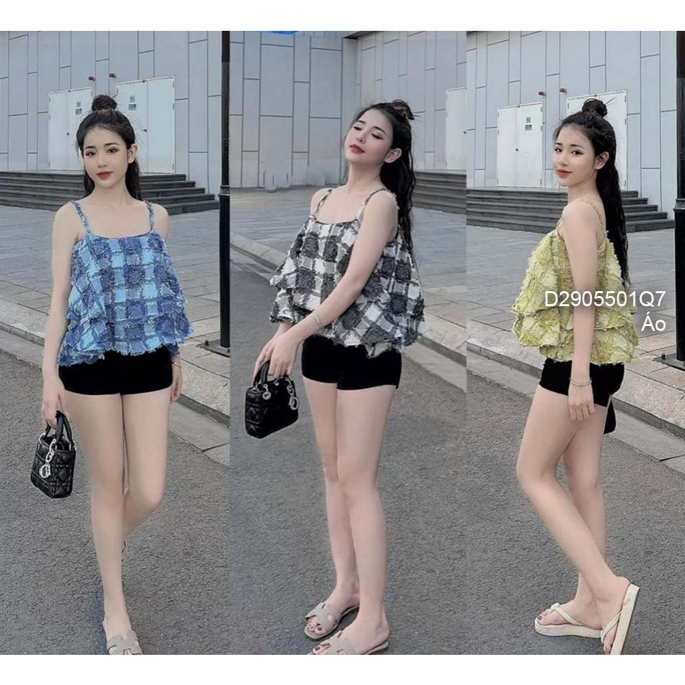 Áo 2 dây kẻ caro xù xếp hai tầng!