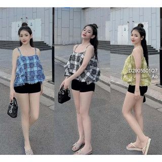 Áo 2 dây kẻ caro xù xếp hai tầng!