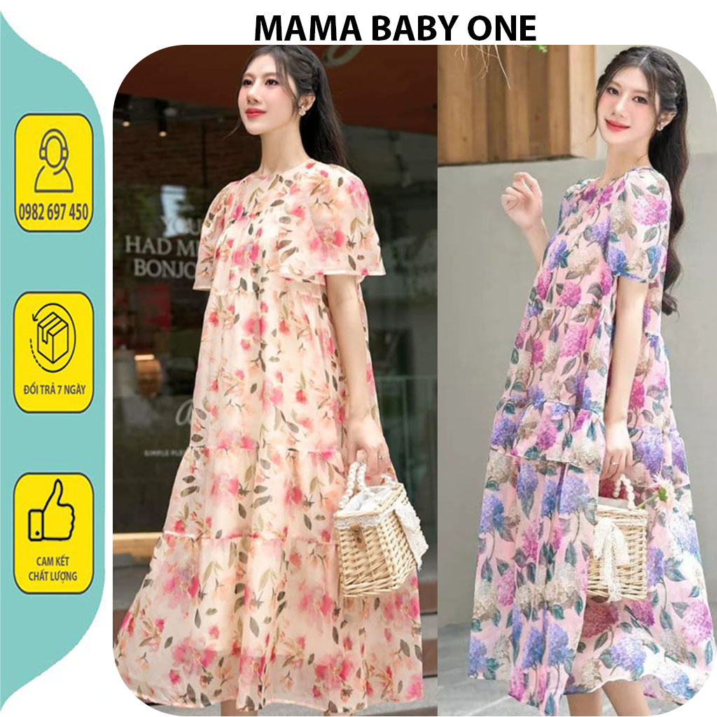 VÁY BẦU CÔNG SỞ DỰ TIỆC-ĐẦM BẦU BABAYDOLL DÁNG DÀI FROM SUÔNG VOAN HOA CẨM TÚ CẦU 2 LỚP CỰC XINH THỜI TRANG BẦU