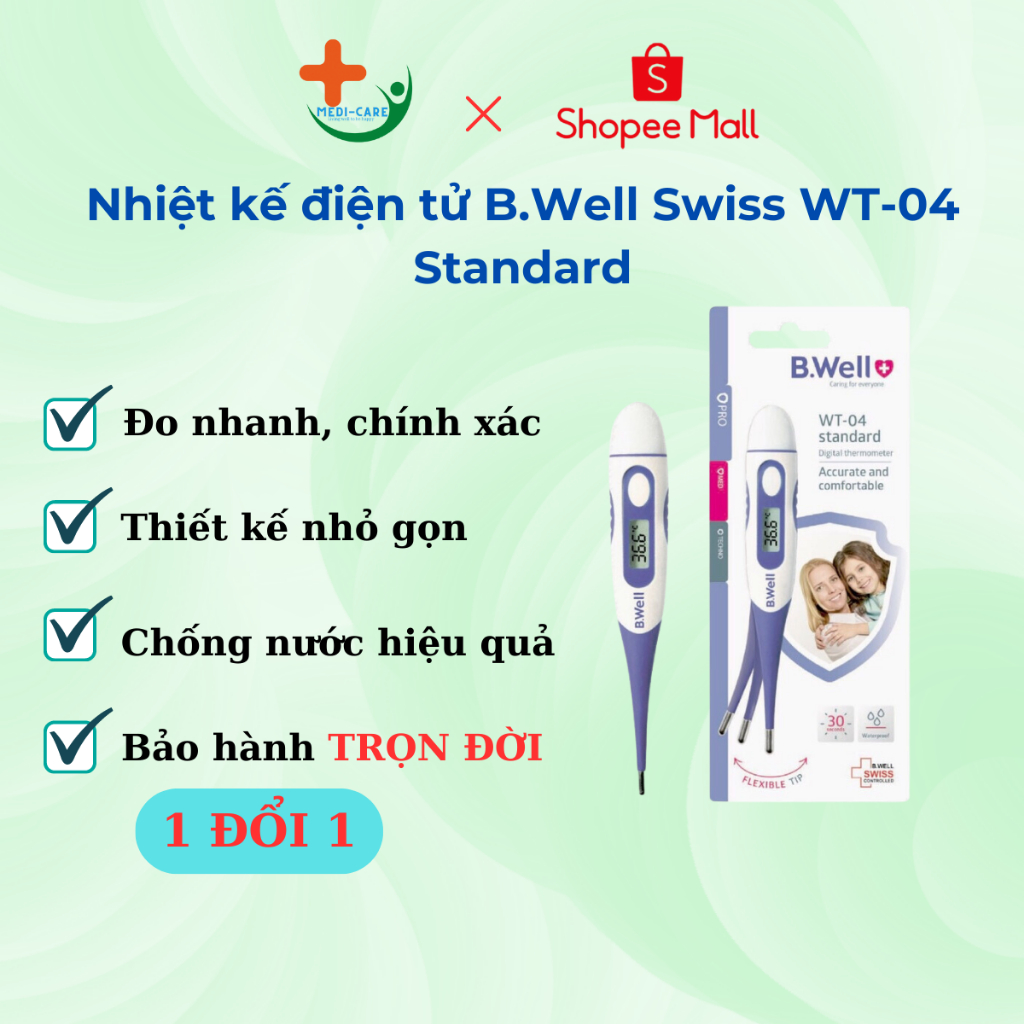 Nhiệt kế điện tử B.Well Swiss WT-04 standard - Chống nước, gọn nhẹ, dễ sử dụng cho trẻ em và người lớn