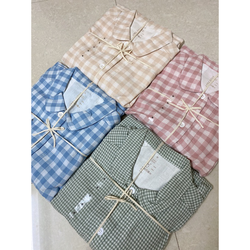 Pyjamas MUJI Tay Ngắn Quần Ngắn Kẻ Caro Chất Cotton Xô Nhật Mềm (Full Tag)