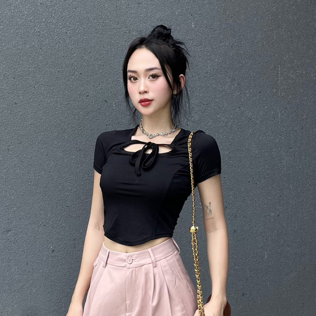 Áo croptop nữ Delys AC245 phối dây buộc nơ nhiều kiểu ôm body tôn dáng