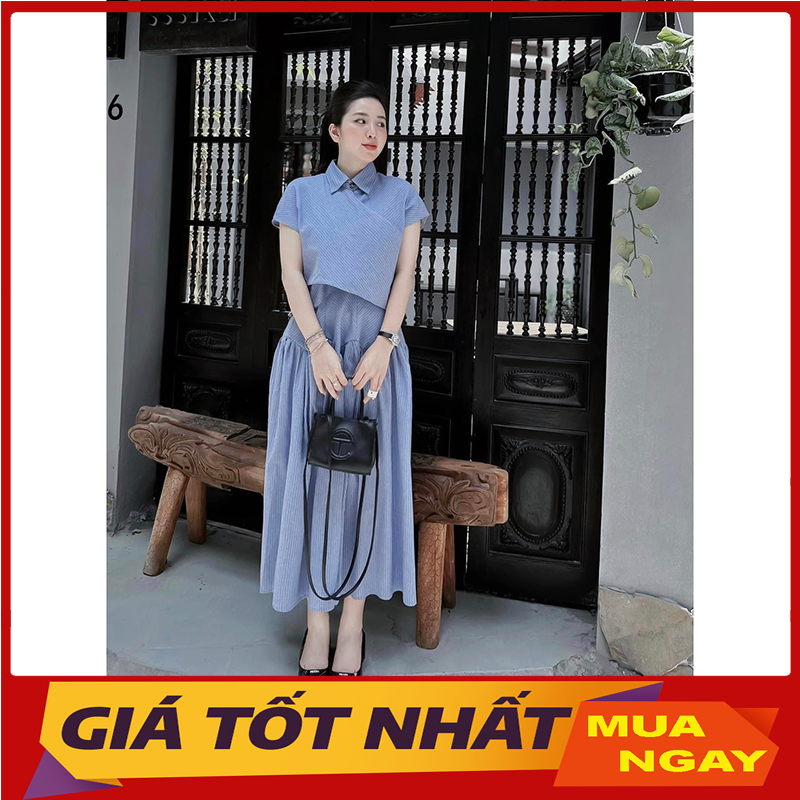 Set Váy Áo Kẻ Xanh Áo Sơ Mi Vạt Lệch Kèm Chân Váy Xòe Dáng Dài SB4081 - Yamy888