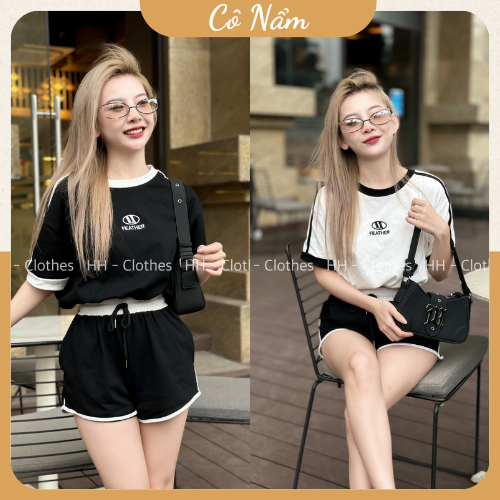 Set Bộ Đùi Nữ Áo Croptop Ngắn Tay Thêu Logo FeaTher Mix Quần Sooc Đùi Chạy Rót Nổi Viền