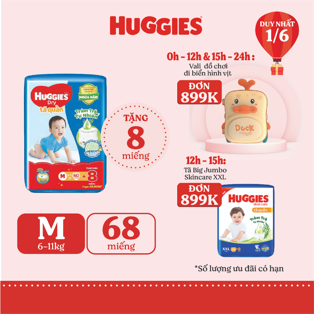 TÃ Quần Huggies Tràm Trà Tự Nhiên Dry M60/L52/XL44/XXL40 + Tặng 8 miếng:M60