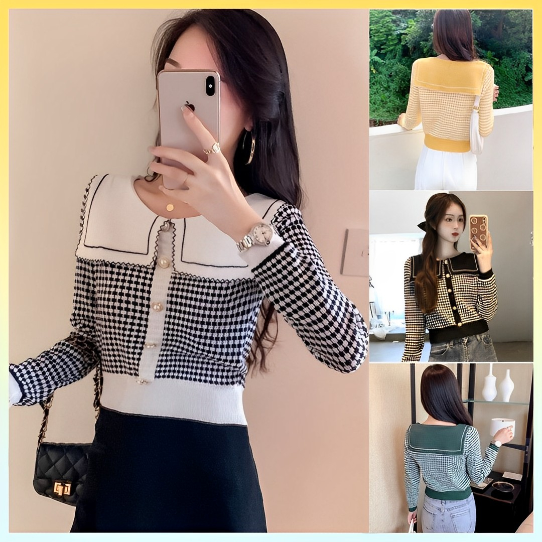 [L2M] Áo len Montoghi dệt kim CỔ LÁ SEN VUÔNG sọc caro TAY DÀI thanh lịch và sang trọng
