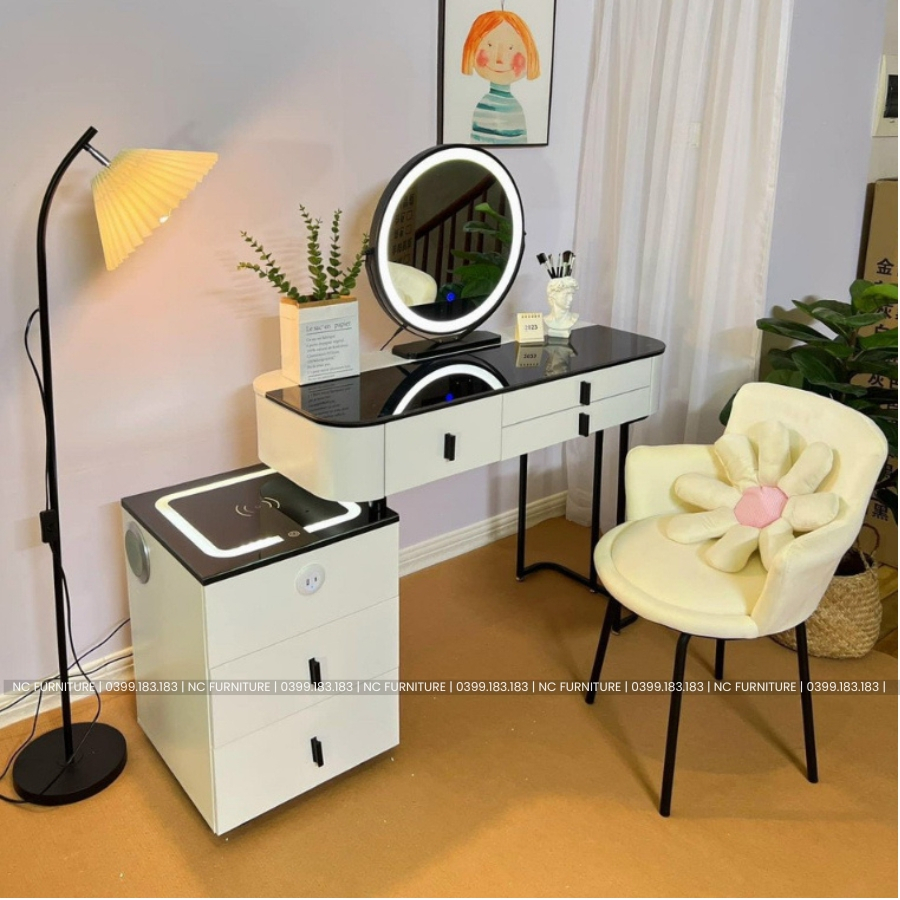 Đặt hàng ib shop - Bàn trang điểm thông minh nhập khẩu đủ kèm ghế và gương led có loa sạc đèn đủ bộ - mã BP4