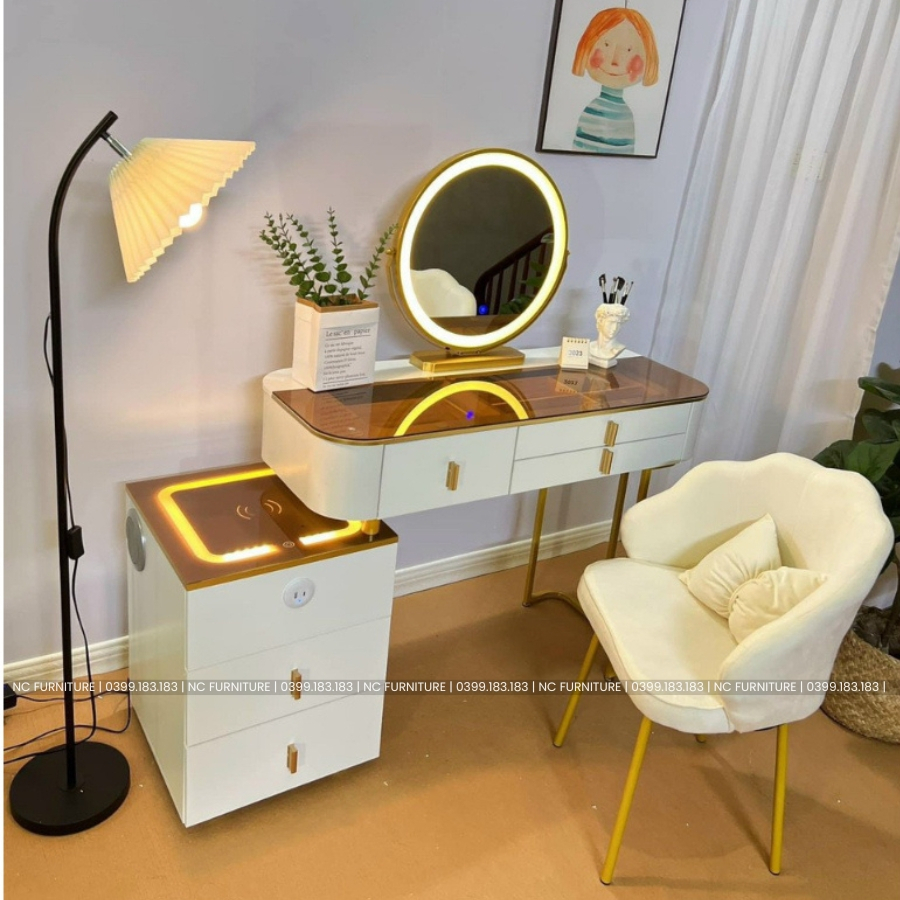 Đặt hàng ib shop - Bàn trang điểm thông minh nhập khẩu đủ kèm ghế và gương led có loa sạc đèn đủ bộ - mã BP4