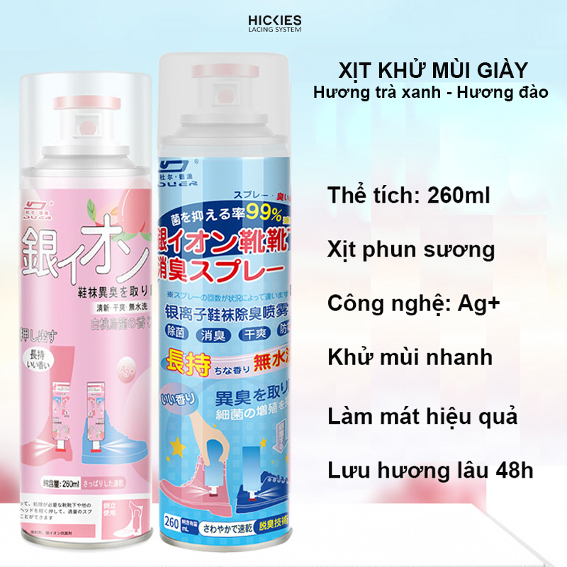 Chai xịt khử mùi hôi giày dép công nghệ nano bạc, mùi đào, trà xanh 260ml, Duer - hickies lacing system