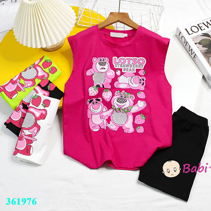 (Size 11kg-55kg) Bộ sát nách Gấu Dâu LOTSO mẹ và bé gái, Set đồ bộ mặc nhà mùa hè cho bé gái