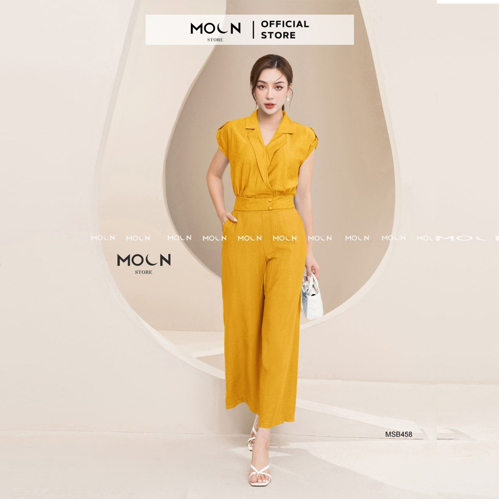 Set bộ quần áo công sở 𝐌𝐎𝐎𝐍, áo ngắn tay basic cổ v sang chảnh quần ống suông tôn dáng chất đũi xước MSB458